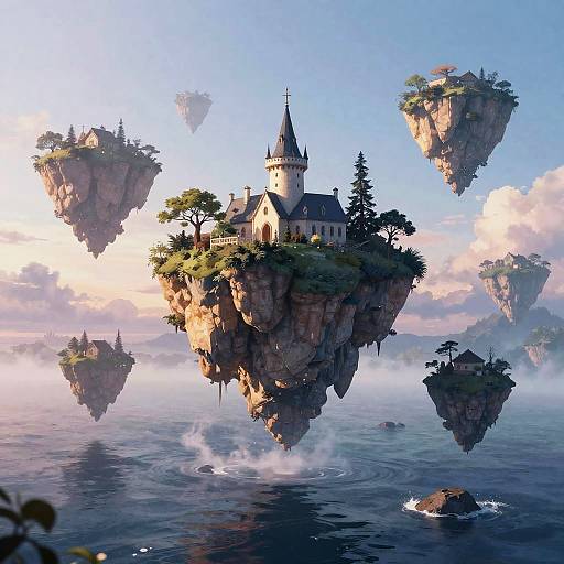 Fantasy CGI image of a floating island with a castle, surrounded by floating rock islands and misty ocean, under a blue sky.