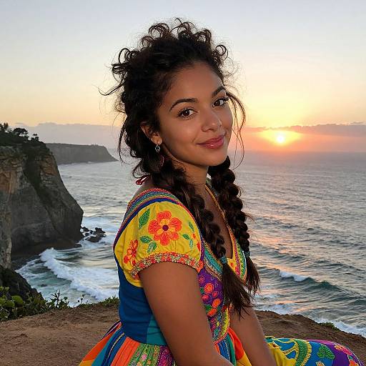 Photograph of a smiling young woman with curly hair in braids, wearing a colorful floral dress, seated at a coastal cliff during sunset, with ocean