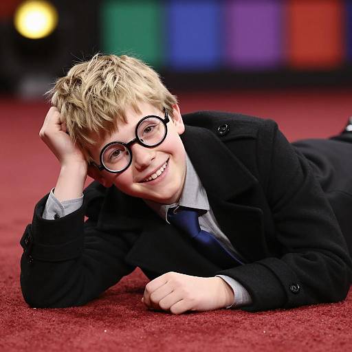 Cheerful Boy with Glasses on Red Surface