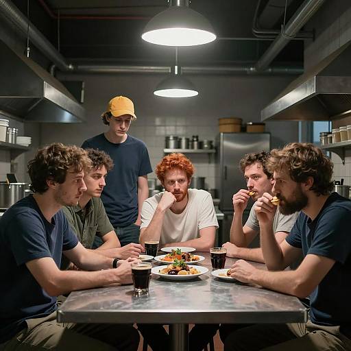 Serious Gathering in an Industrial Kitchen