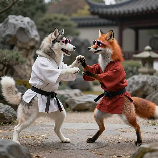 Siberian Husky and Red Fox in Aikido Battle