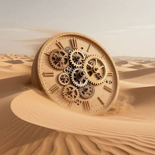 Photorealistic CGI of a large, gear-filled clock face resting on a desert sand dune under a bright, clear sky.