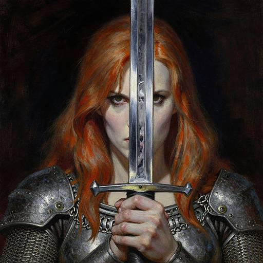 Digital painting of a pale-skinned woman with red hair, holding a shiny sword, wearing silver armor, against a dark background.