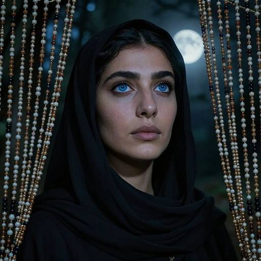 Photograph of a young woman with striking blue eyes, wearing a black headscarf, framed by beaded curtains, in a moonlit forest.