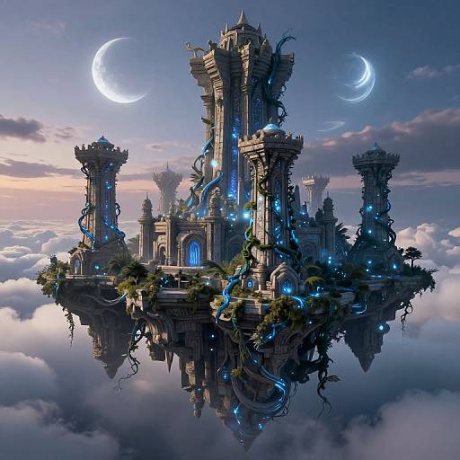 Fantasy CGI image of a floating, gothic, blue-lit castle with multiple towers, crescent moons, and clouds beneath a twilight sky.