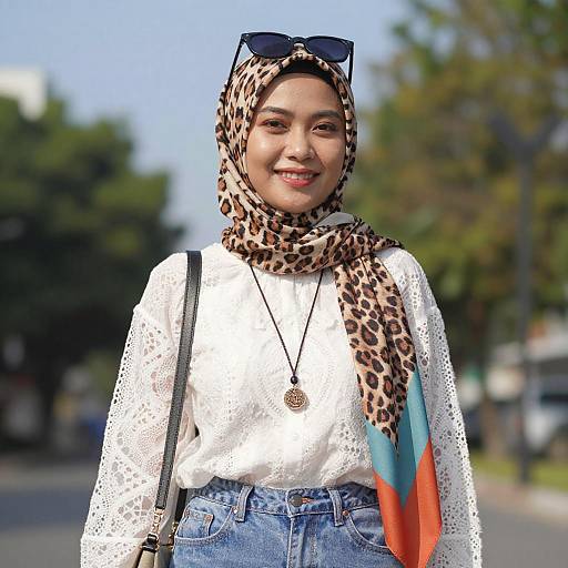 Smiling Asian Woman in Leopard Hijab