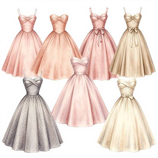 Digital illustration of eight elegant, strapless, A-line dresses in pastel pink, peach, and cream, with varying textures and ribbon details.