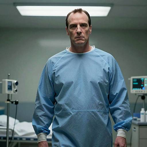 Photograph of a serious, bald Caucasian man in a blue hospital gown standing in a sterile, brightly lit hospital room. Medical monitors and a bed are