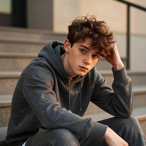 Photograph of a young, Caucasian man with tousled brown hair, wearing a grey hoodie, sitting on stone steps, hand on forehead, looking p