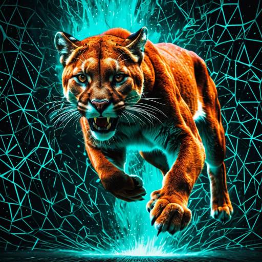 Roaring Cougar Emerging from Neon Matrix