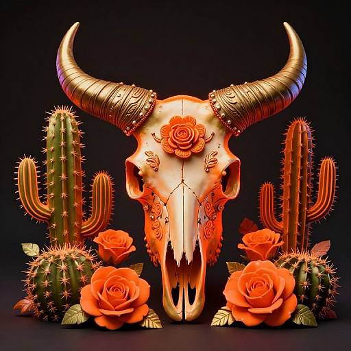 Photorealistic image of a golden, ornate bull skull with large horns, adorned with roses, flanked by cacti against a black background