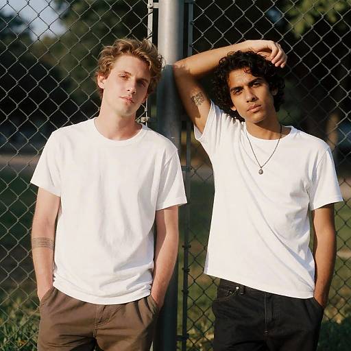 Two Men by a Chain-Link Fence