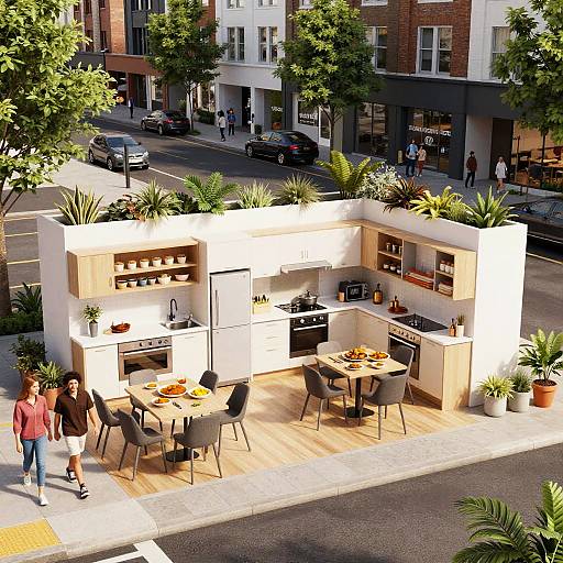 Aerial photograph of a modern urban outdoor kitchen and dining area with potted plants, wooden furniture, and two people walking nearby.