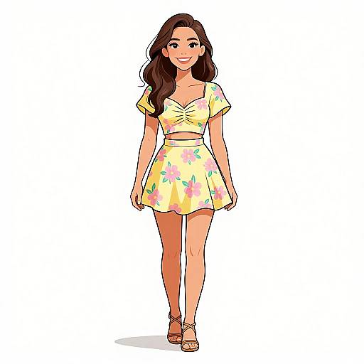 Digital illustration of a smiling woman with long brown hair, wearing a yellow floral crop top and matching skirt, white background.