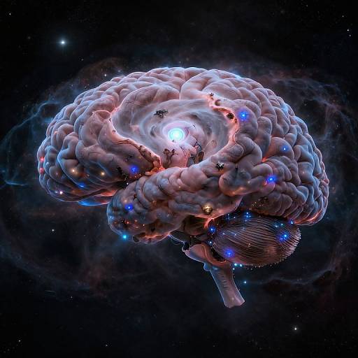 Digital CGI of a glowing, intricately detailed brain floating in space, surrounded by blue and pink lights, with cosmic background.