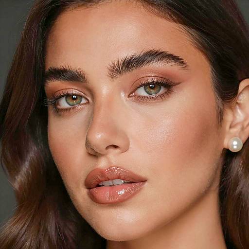 Close-up portrait of woman with glossy lips and pearl earrings