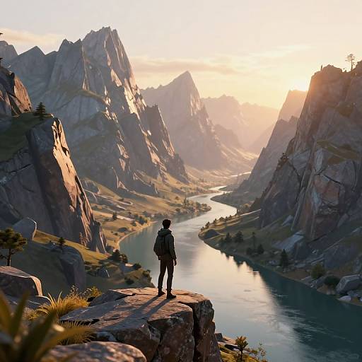 Photograph of a hiker in silhouette on a rocky cliff overlooking a serene valley with a winding river and majestic mountains at sunrise.