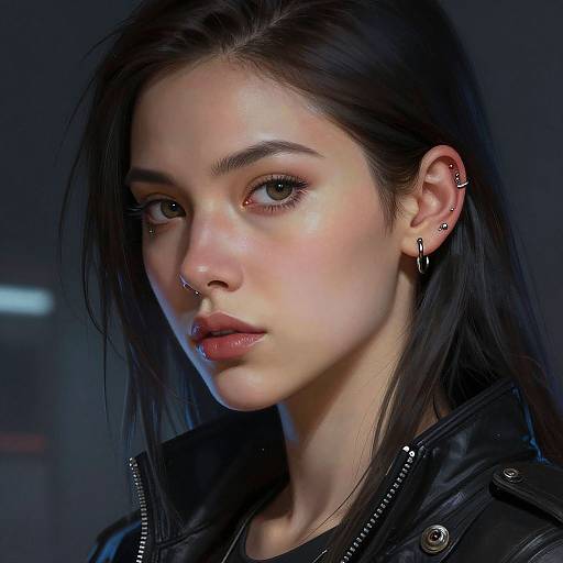 Photorealistic portrait of a young woman with fair skin, dark hair, piercing nose ring, hoop earrings, and black leather jacket, illuminated by soft