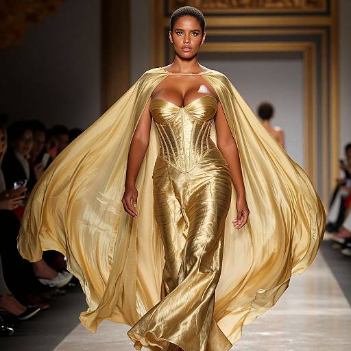 Photograph of a confident Black woman with dark skin and short hair, modeling a shimmering, strapless golden dress with an oversized cape, walking down