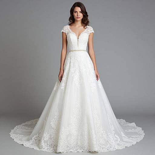 Photograph of a brunette woman in a white, lace-embellished, V-neck, short-sleeve wedding gown with a full, flowing