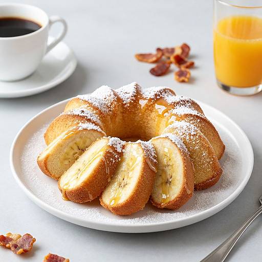 Photograph of a white plate with sugar-dusted, golden-brown cinnamon rolls, accompanied by a cup of black coffee and a glass of orange juice