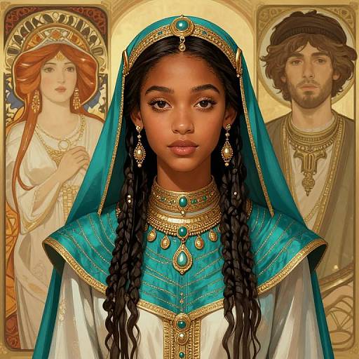 Digital artwork of a dark-skinned, dark-haired woman in ornate, teal and gold regalia, flanked by Byzantine-style portraits of a
