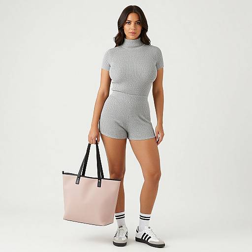 Photograph of a curvy woman with medium brown skin and dark hair, wearing a gray checkered romper, white socks, black Adidas sneakers,