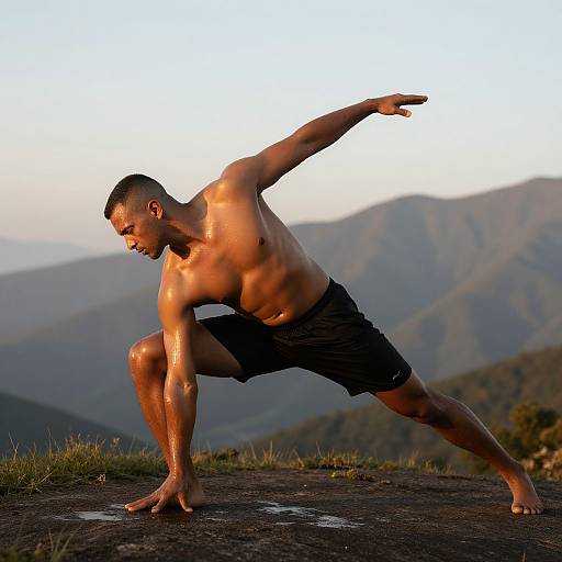 Photograph of a muscular, shirtless, dark-skinned man in black shorts, performing a yoga pose on a mountain ledge with mountains in the background