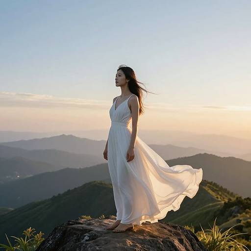 Photograph of a woman with long dark hair in a flowing white dress standing on a rock, overlooking mountainous landscape at sunset.