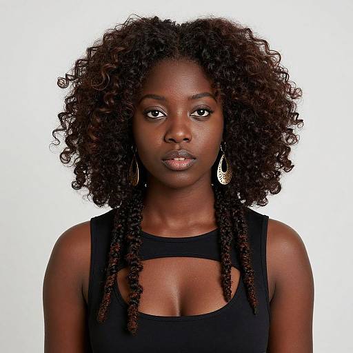 Photograph of a young, dark-skinned woman with natural, curly black hair, wearing a black tank top with a keyhole cutout, and