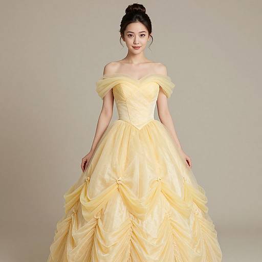 Photograph of an Asian woman with fair skin and black hair in an updo, wearing an off-shoulder, yellow, ruffled ball gown