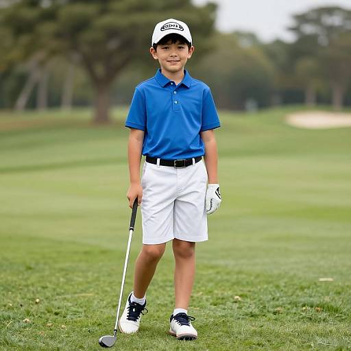 Photograph of a young boy in a blue polo, white shorts, black belt, and cap, holding a golf club on a green golf course.