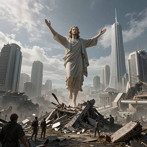Digital artwork: Giant, smiling Jesus with outstretched arms stands on rubble in a destroyed cityscape, with skyscrapers in the background.