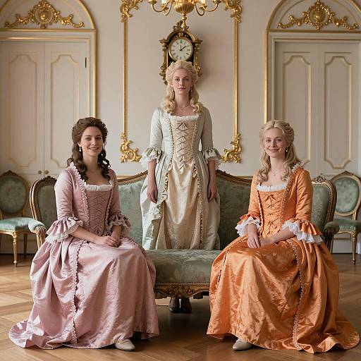 Three Women in 18th-Century Gowns in Ornate Room