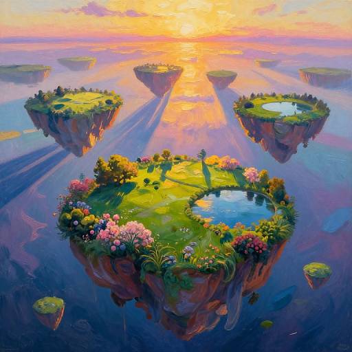 Digital painting of floating islands at sunset, with vibrant green grass, colorful flowers, small ponds, and a warm, orange-pink sky.