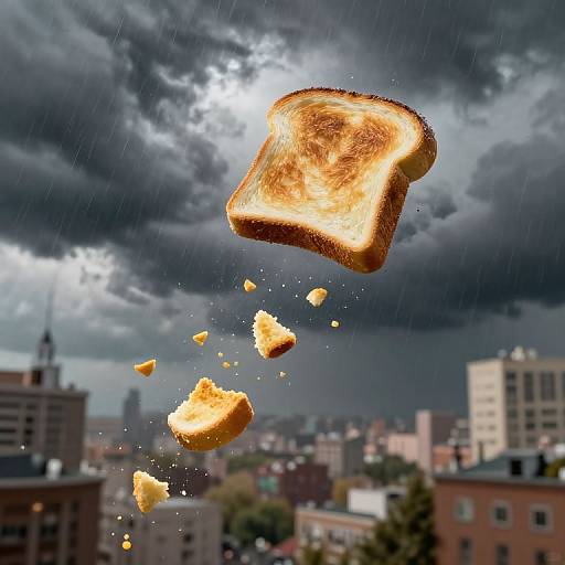 Photograph of a toasted bread slice and crumbs flying through a rainy, stormy urban sky with buildings in the background.