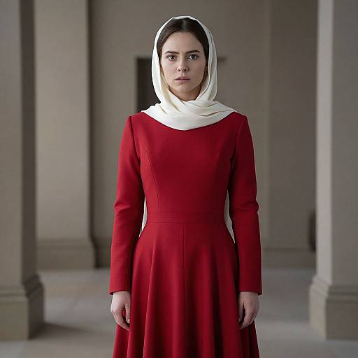 Photograph of a young woman with fair skin and dark brown hair, wearing a white headscarf and a red long-sleeve dress, standing
