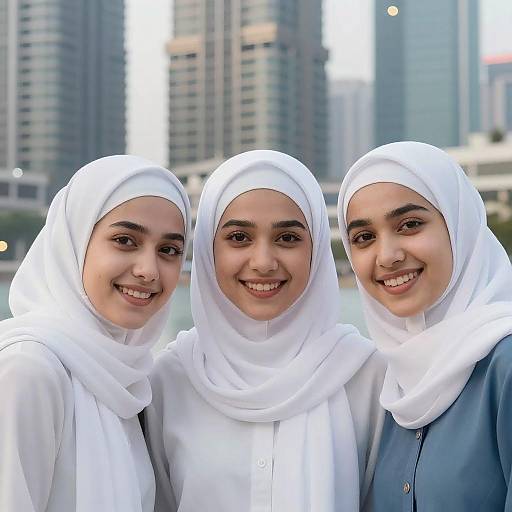 Smiling Women in White Hijabs Urban Portrait