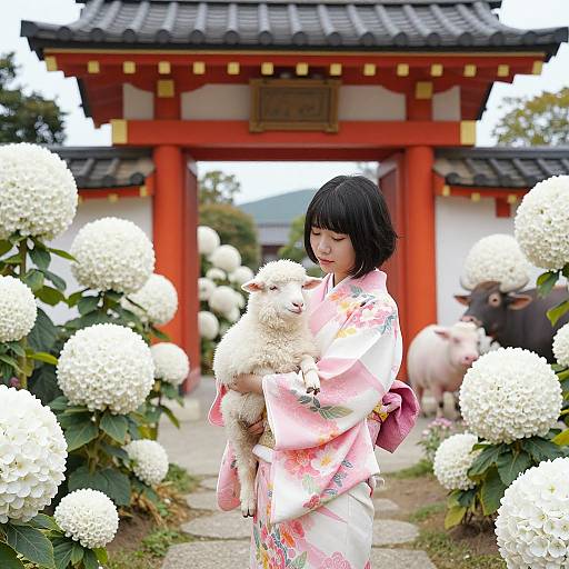 Asian Woman Holding Sheep in Magical Garden