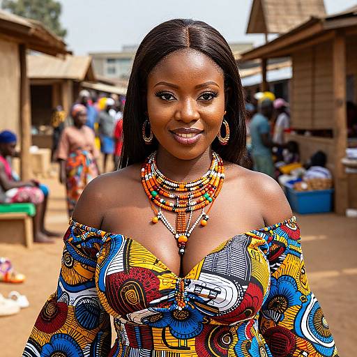 Photograph of a smiling African woman with dark skin, straight black hair, wearing vibrant, patterned off-shoulder top and multicolored bead