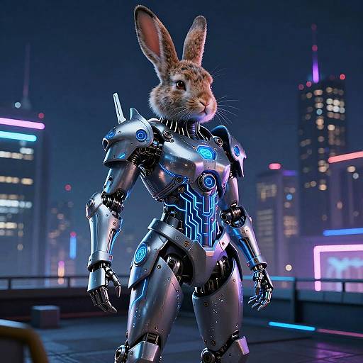 CGI image of a robotic rabbit with glowing blue circuits standing on a neon-lit rooftop at night, cityscape in background.