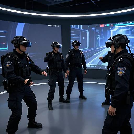 Photograph of four male police officers in black tactical uniforms and VR headsets, standing in a futuristic control room with glowing blue screens.