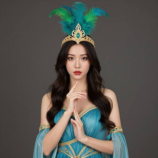 Photograph of an Asian woman with long black hair, wearing a turquoise off-shoulder dress, gold-accented crown with green feathers, and