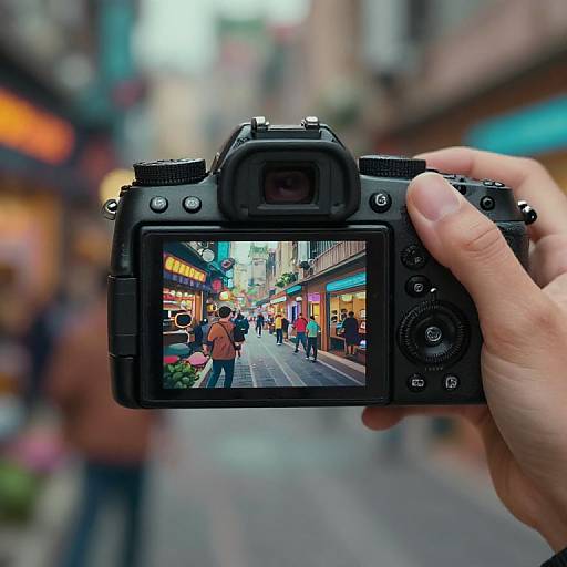 Photograph of a hand holding a camera, capturing a colorful, bustling city street scene reflected in the camera's screen.