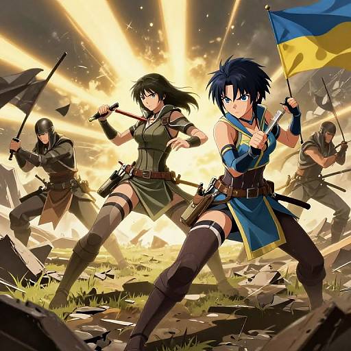 Dynamic anime-style digital artwork of four warriors in battle gear, holding weapons, with intense sunlight and debris in the background.