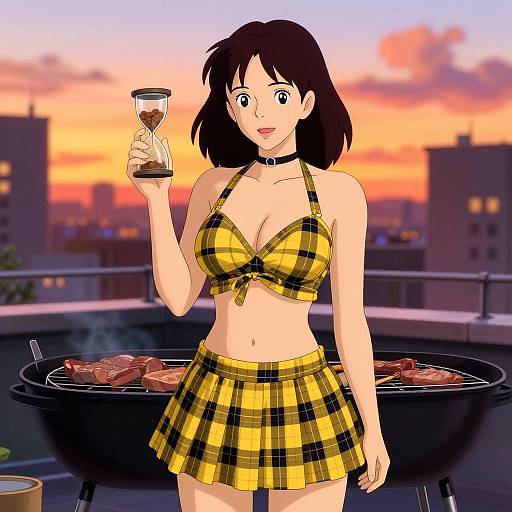 Anime-style drawing of a woman with black hair in a yellow plaid bikini top and skirt, holding a glass of whiskey, standing by a grill with