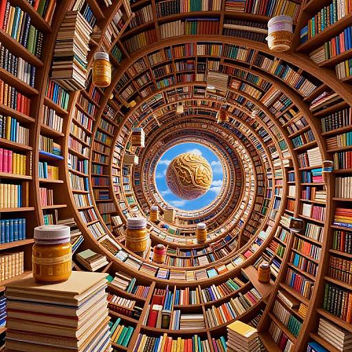 Photograph of a vibrant, circular library with spiral bookshelves, colorful books, and cylindrical lamps, centered on a glowing, golden sun-like design