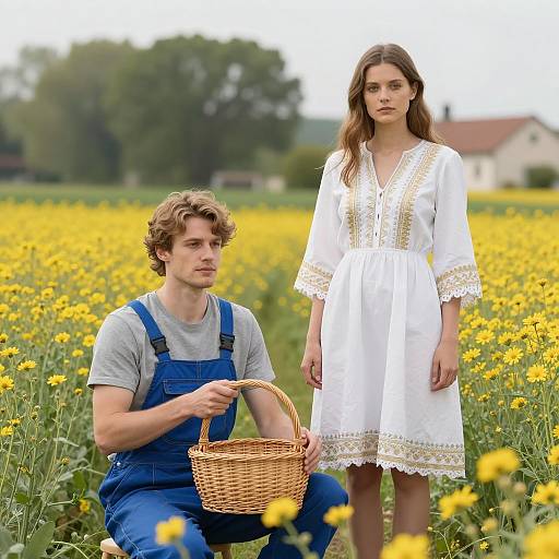 Couple in a Sunlit Flower Field