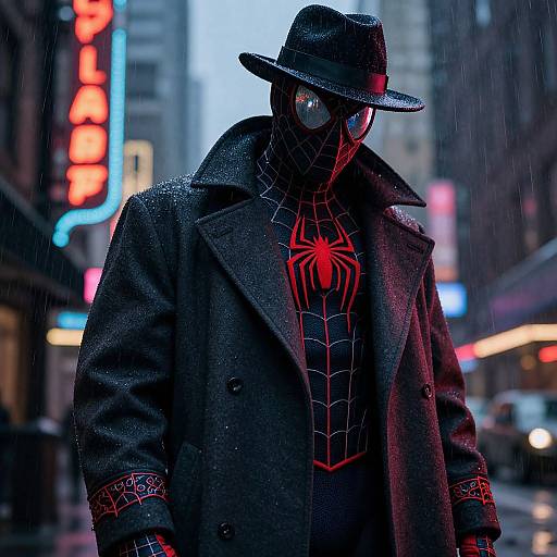 Photograph of a masked man in a black coat, spider web shirt, and fedora, standing in a rainy urban street at night, with neon