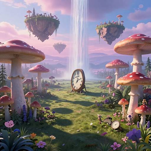 Fantastical CGI scene: giant red-and-white mushrooms, floating islands, waterfall, clock on grassy field, colorful flowers, sunny sky, whims